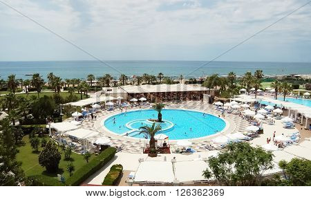Side, ANTALYA, TURKEY - JUNE 02, 2015: View of the pool and the beach from the hotel Calimera Kaya Side, Turkey.