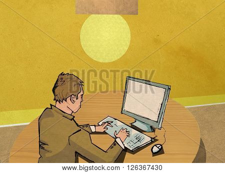 Pracovník, ktorý sedí za pc v kancelárii alebo doma.