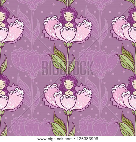 Girl Sitting in a Big Flower. Seamless Pattern Fairy Tale. Floral Background.