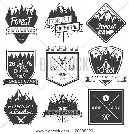 Vector set of forest camp labels in vintage style. Design elements, icons, logo, emblems and badges isolated on white background. Logotype template illustration with forest, pines, trees, mountains.