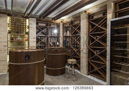 Modern wooden winery or wine cellar in luxury home