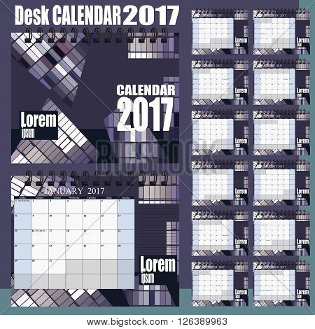 Desk Calendar 2017 Vector Design Template. Set of 12 Months. Week Starts Monday - gray purple