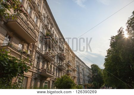 Beautifully restored stucco facades of apartment buildings