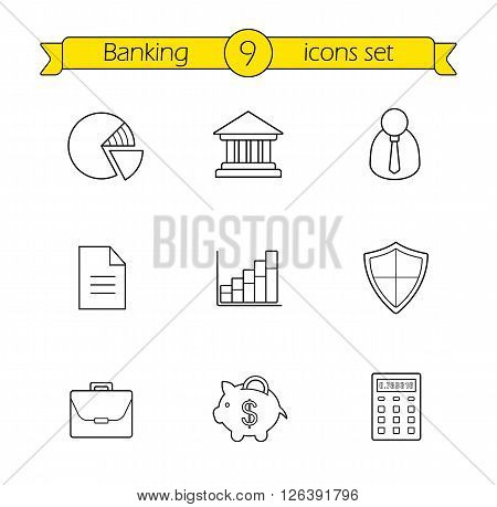 Banking and finance linear icons set. Online banking customer service contour icons. Bank building, money saving piggy bank and income diagram thin line illustrations. Vector isolated outline drawings
