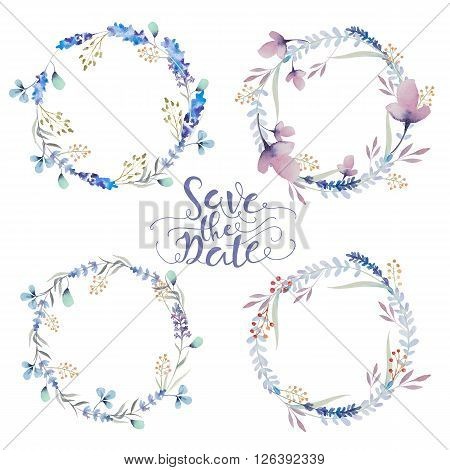 Set of watercolor floral wreath. Watercolour natural frame: leaves feathers flowers birds. Isolated on white background. Artistic decoration illustration. Greeting card save the date