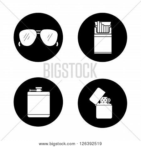 Men's accessories black icons set. Alcohol hip flask, open cigarette pack, sunglasses and flip lighter symbols. Everyday carry items. White silhouettes illustrations. Vector logo concepts