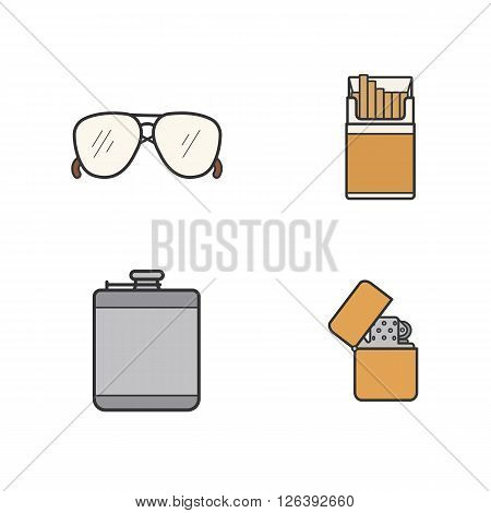 Men's accessories color icons set. Alcohol hip flask, open cigarette pack, sunglasses and flip lighter symbols. Everyday carry men items. Logo concepts. Vector isolated illustrations
