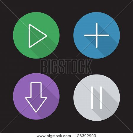 Audio player flat linear long shadow icons set. Play, add new track, download and pause buttons. Multimedia app navigation interface. Outline logo concepts. Vector line art illustrations