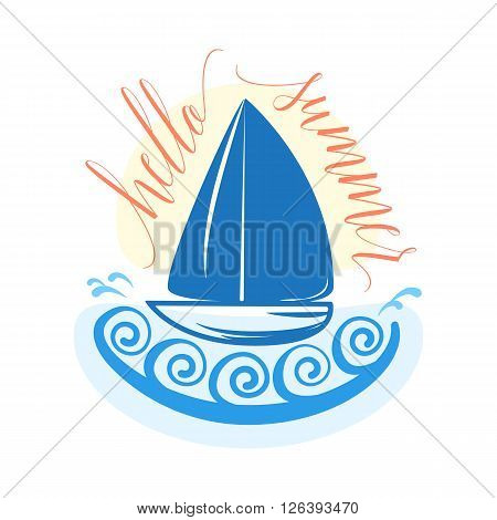 Brush lettering composition with yacht and waves. Hello Summer.