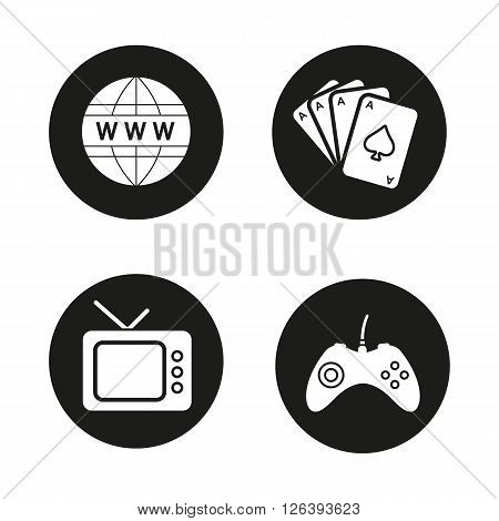 Addictions and bad habits black icons set. Game console joystick, www network symbol, playing cards deck and retro tv. Internet and gambling addictions. White illustrations. Vector logo concepts