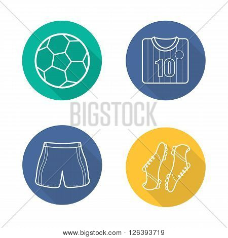 Football equipment flat linear long shadow icons set. Football player shirt, boots and sorts. Soccer ball. Football player kit. Soccer items. Outline logo concepts. Vector illustrations