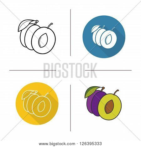 Plum flat design, linear and color icons set. Plum symbol in different styles. Halved plum icons. Sweet juicy fruit. Long shadow logo concept. Plum isolated vector illustrations. Infographic elements