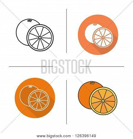 Orange flat design, linear and color icons set. Orange in different styles. Halved orange icons. Tropical citrus fruit. Long shadow logo concept. Isolated vector illustrations. Infographic elements