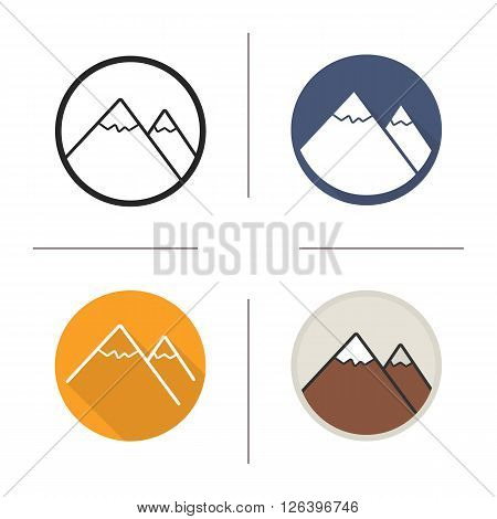 Mountains flat design, linear and color icons set. Mountain range in different styles. Large rocky landfrom. Long shadow logo concept. Isolated mountains vector illustrations. Infographic elements