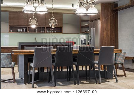 Kitchen And Dining Area In Luxury Villa Interior