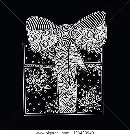 Mono color white gift with baw line art element for adult coloring book page design.