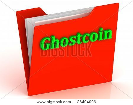 Ghostcoin- bright green letters on red paperwork folder witch paper list on a white background