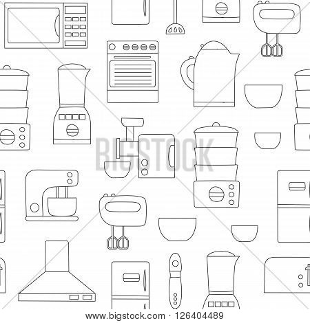 Vector line kitchen appliances background. Simple style of kitchen interior design. Apartment kitchen appliances objects. Indoor kitchen design: miser blender steamer toaster and other appliances