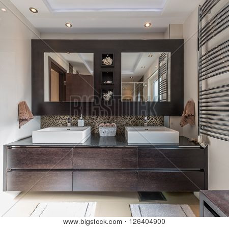 Luxurious modern bathroom with dark wood and cube shaped double washbasin