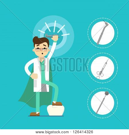 Dentist cartoon character vector illustration. Dentist with dental tools. Infographics of dentist work. Dentist tools. Dental care concept. Ad for dental clinic or dentist office. Tooth health concept. Dental background