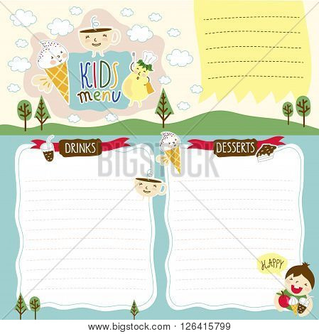 Kids menu. Kids restaurant. Colorful kids meal menu. Kids food. Blank menu for kids. Kids meal. Blank kids cafe menu concept. Baby, yummy. Baby menu template. Kids menu template. Childish cafe menu. Kids menu layout.