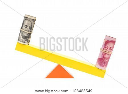 rmb heavier than usd on teeterboard on white background