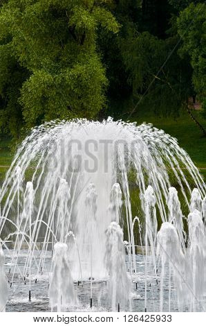 part of fountain and space green trees in Tsaritsyno park. Moskow, Russia.