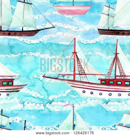 Watercolor sailing ships seamless pattern on turquoise waved background. Hand painted marine transport illustration. Travel cruise pattern with white sailing yacht in row