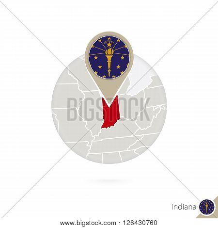 Indiana Us State Map And Flag In Circle. Map Of Indiana, Indiana Flag Pin. Map Of Indiana In The Sty