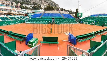 Monte Carlo Monaco - 17 April 2016: Clay tennis court prepared for the Monte-Carlo Rolex Masters finals. The tournament is played every year in the April-May period.