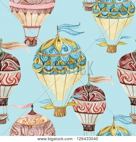Aerostat vintage seamless pattern. Watercolor hot air balloons. Hand painted illustrations on blue background