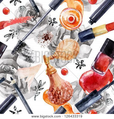 Watercolor beauty seamless pattern. Essential makeup must-haves painting. Beauty product background. Cosmetics on roses background. Hand painted illustration for fashionable design.