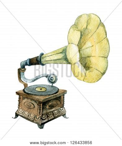 Retro gramophone. Watercolor phonograph. Hand painted illustration isolated on white background
