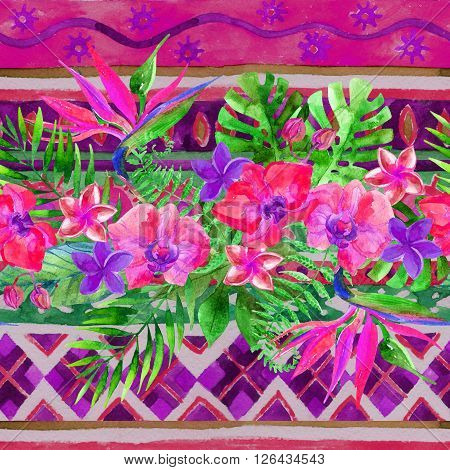 Watercolor tropical leaves and flowers seamless pattern. Hand painted illustration on ornamental background