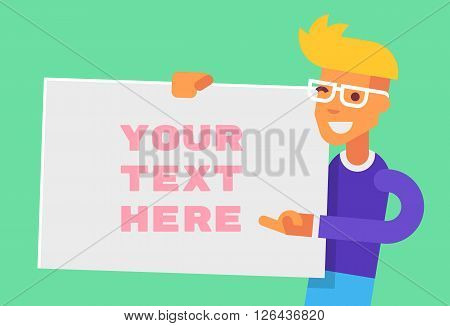 Young guy holding banner and friendly winking. Cool template for your ad. Flat vector illustration.