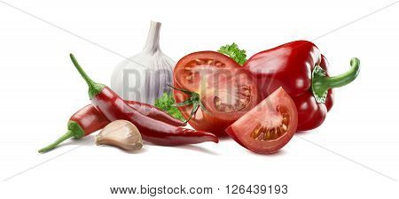 Tomato garlic chili pepper parsley adjika ingredients isolated on white background as package design element