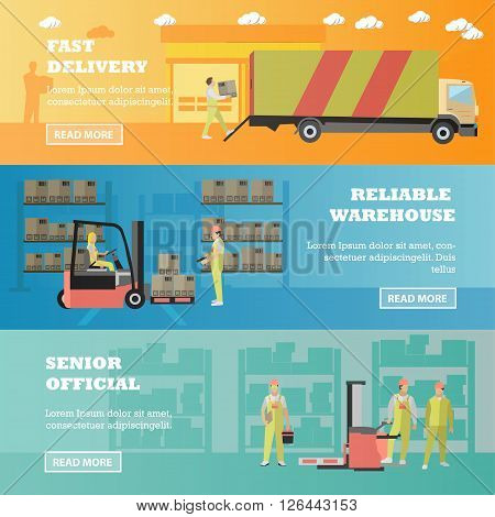 Logistic and delivery service concept banner. Warehouse interior. Vector illustration in flat style design.