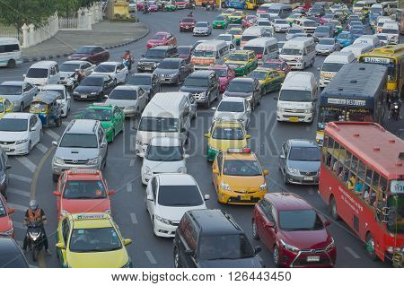 Bangkok Thailand - April 9 : Rush hour of traffic circle near the Victory Monument BTS Station on April 9 2016 in Bangkok Thailand.