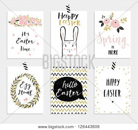 Set of 6 cute Easter greeting cards. Template for invitations, banners, planner, gift tags, diary, notes. Stylish spring design. Vector illustration.
