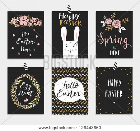 Set of 6 cute Easter greeting cards. Template for invitations, banners, planner, gift tags, diary, notes. Stylish spring design. Vector illustration.