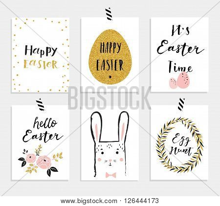 Set of 6 cute Easter greeting cards. Template for invitations, banners, planner, gift tags, diary, notes. Stylish spring design. Vector illustration.