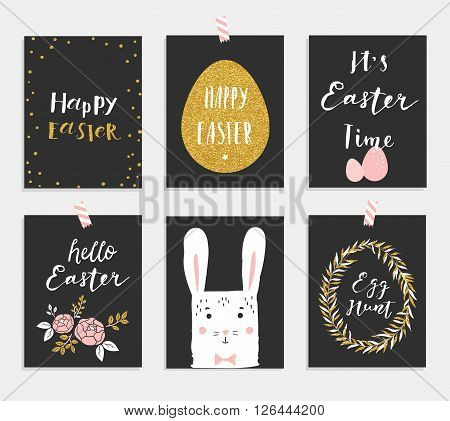 Set of 6 cute Easter greeting cards. Template for invitations, banners, planner, gift tags, diary, notes. Stylish spring design. Vector illustration.