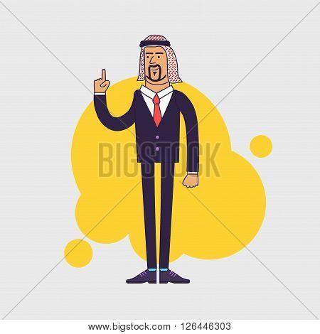 Arab saudi happy businessman showing his forefinger. Good idea or attention gesture. Business arab wearing traditional arabian Shemagh Keffiyeh scarf and suit. Linear flat design