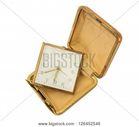 Broken Old Travel Clock isolated on white with clipping path