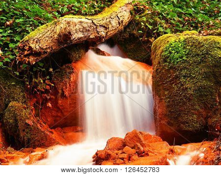 Cascades In Rapid Stream Of Mineral Water. Red Ferric Sediments On Big Boulders Between Green Ferns