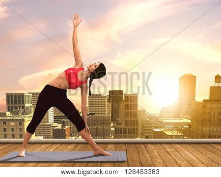 3D illustration of a woman doing Yoga poses on city rooftop.