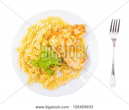 Cutlets with chicken and macaroni on a white background