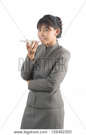 Asian office worker series : Using speakerphone