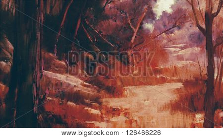 landscape of red forest with oil painting stlye