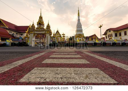 Wat Mahathat Temple during sunset at Nakhon Phanom Province Thailand